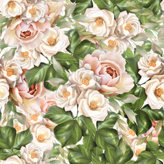 Beautiful seamless background with rose flowers. Spring seamless pattern.