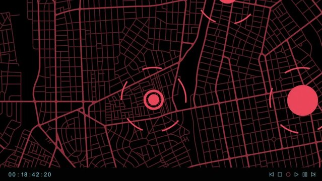 Graphic Monitor Interface Showing a Scanned Map of the City, Data Base About Locality. Computer Detection of Tracking a Moving Object in a City. Concept of Digital Security and Data Access. Red and