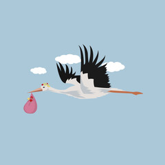 Vector illustration of baby shower invitation with stork. A stork carrying a baby in a pouch.