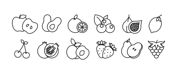Fruits and vegetables vector icons set. apple, pear, orange, blueberry, fig, lemon, cherry, pomegranate, peach, strawberry, pear, grape	