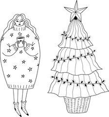 Pretty doodle girl with a cup of coffee in a cozy oversized sweater next to the Christmas tree. Vector illustration of a young woman in full growth near a decorated Christmas tree with a star on top.