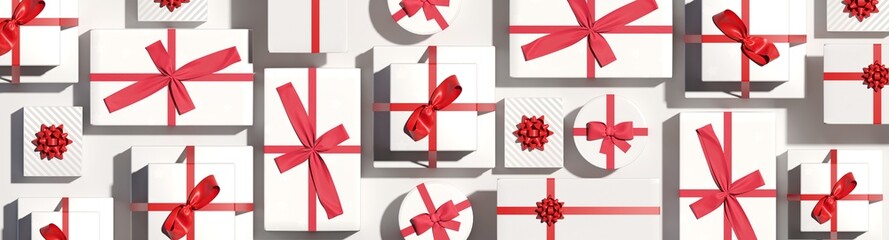 Christmas and New Year background with white gift box , red ribbon   composition. Greeting card, banner, poster, top view. 3D render