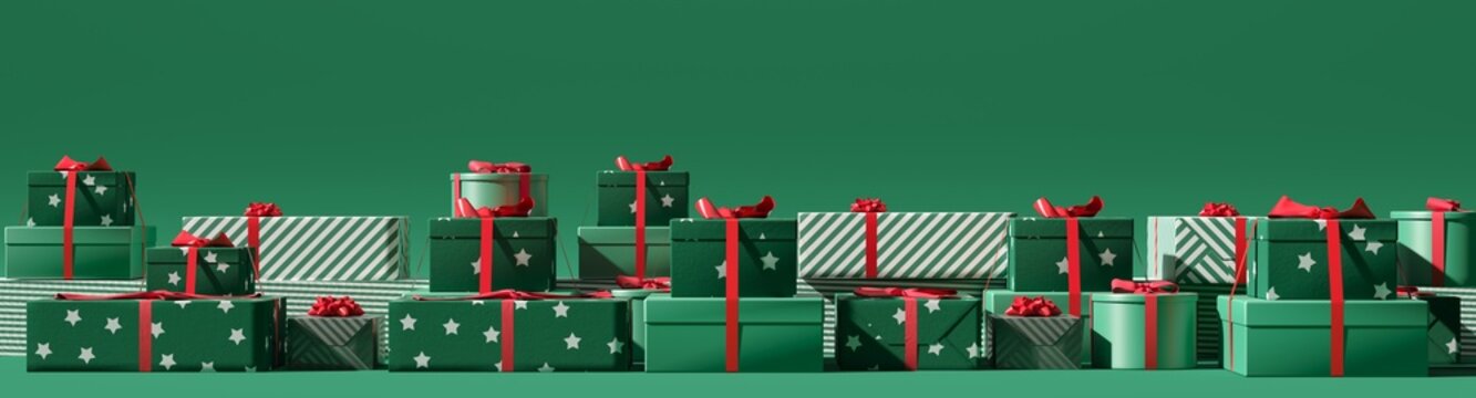 Christmas and New Year background with green gift box , red ribbon   composition. Greeting card, banner, poster, front view. 3D render for copy space.