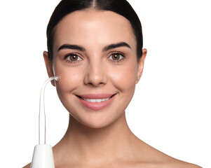 Woman using high frequency darsonval device on white background