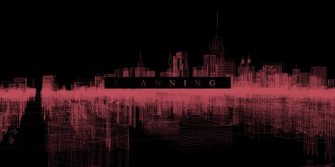 Monitor Showing a Scanned Map of the City. Computer Detection of Tracking a Moving Object in a City. 3D model of see-through buildings in cybernetic futuristic city. Red and Black Background - Powered by Adobe