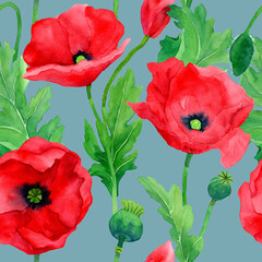 Obraz premium Watercolor hand drawn poppies seamless pattern. Botany illustration of red poppy. Field of red flowers. Design for background, packaging, cover, decor, textile elements.