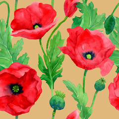 Obraz premium Watercolor hand drawn poppies seamless pattern. Botany illustration of red poppy. Field of red flowers. Design for background, packaging, cover, decor, textile elements.