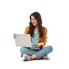 Young woman sitting with laptop on white background