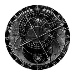 Astronomical clock in grunge style isolated on transparent background