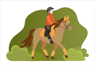 Girl learning horseback riding. Kids horse, pony club. Horse riding. Cute vector illustration for card, advertising, cover, book.