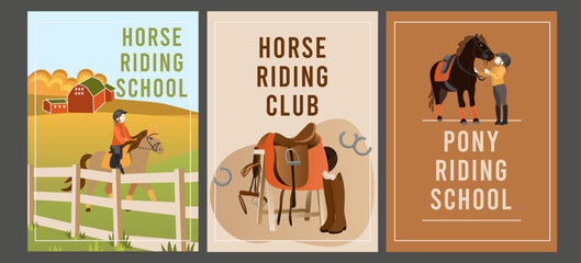 Set of flyers for horse or pony riding school, club, lessons. Rider equipment.  Landscape with horse and fence. A4 vector illustration for poster, banner, flyer, advertising.
