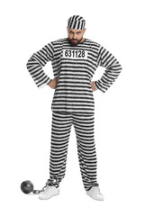 Prisoner in special uniform with metal ball on white background