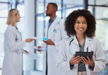 Black woman healthcare doctor with tablet for research in .medical hospital leadership, help and...
