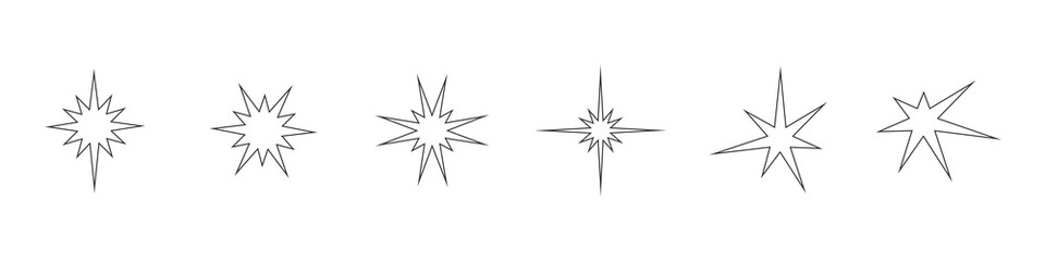 Star glow vector icon. Drawn with a simple line on a white background. A set of glitter stars of different shapes.