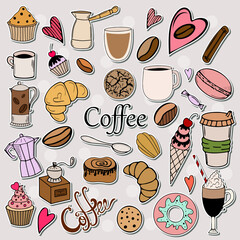 Vector coffee stickers pack in hand-drawn doodle  style