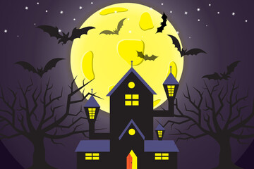 Halloween celebration with various characters, full moon, devil's house, bats and night