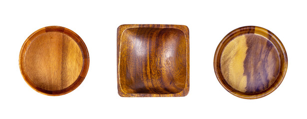 Top view of empty brown square and round wooden bowls set isolated on white background close up.