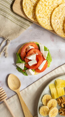 break time. pancake with lettuce, tomato and cheese
