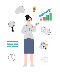 Business dilemma. Business woman looking at the rotating business icons. Concept business. Flat vector illustration isolated on white background