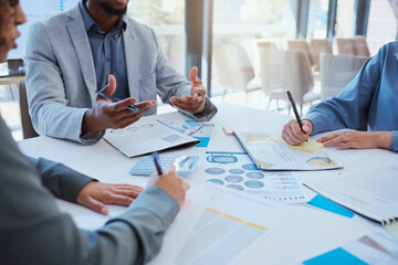 Business people hands writing in business meeting with notebook, paper or documents for schedule, report or financial data. Zoom of team working with strategy, innovation or KPI company growth.