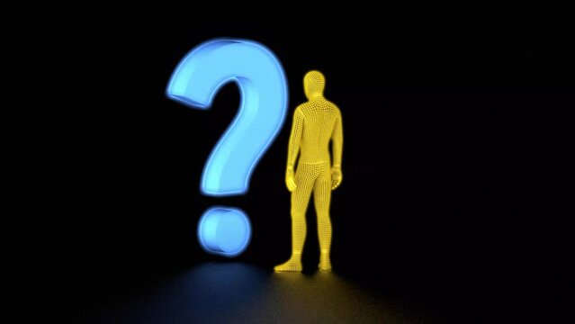 Neon yellow abstract man standing near blue neon question mark. Mental health concept. 3D animation