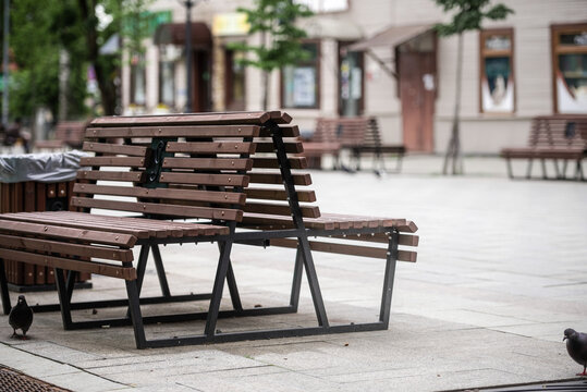 Empty bench in the city square, close-up