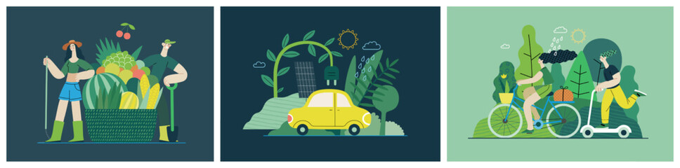 Ecology - Modern flat vector concept illustration on green positive thinking. Waste sorting, Recycling, Green energy, Save the planet, bio farming. Creative landing web page illustrations set