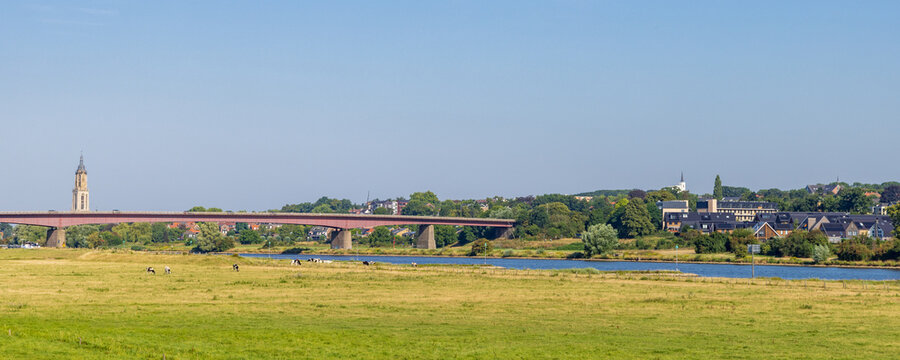 Bridge crossing Lower Rhine in Rhenen Province of Utrecht. The floodplains are very wide and are completely dry as result of the heat wave in the summer of 2022