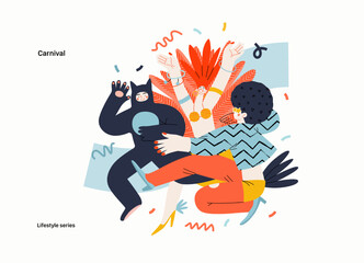 Lifestyle series - Carnival - modern flat vector illustration of masked people dancing together, taking part in the costume carnival procession. People activities concept