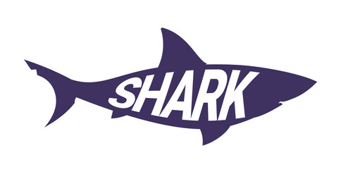 Vector illustration of silhouette of fish shark on white background with word shark. Flat style design of dangerous fish