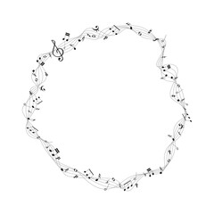Black music staff and various notes round wave frame on white background. Musical notes melody vector illustration for sound, song, presentation, banner, logo, poster, audio, cover, card design