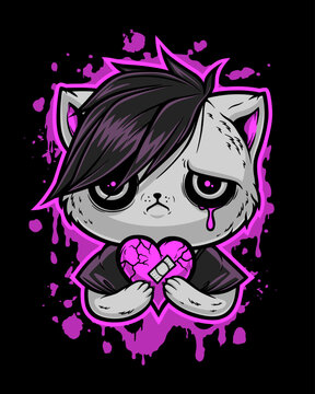 Sad emo kitten with broken heart on the bright pink liquid elements. Vector illustration, can be used as T-shirt print. Black, pink and grey series.