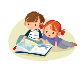 Cute boy and girl sitting on the floor and reading book, magazine with pleasure and curiosity. Reading for fun. Isolated vector illustration.