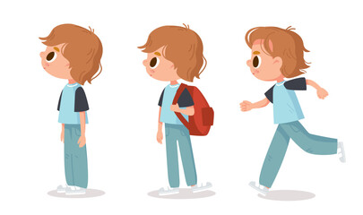 Fototapeta premium Vector set. Little boy with big eyes and long brown red hair in various poses. Standing and walking. Cartoon characters.