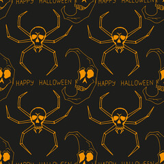 Scary orange spider and fashion evil moon pattern on black background with inscription Happy Halloween. Halloween flyer concept. Seamless halloween background with monsters. Wrapping papper.