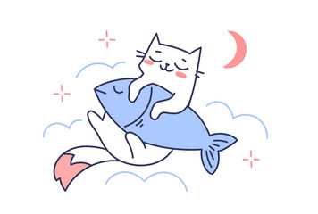 Vector illustration of happy cute cat character sleeping with fish on white color background. Flat line art style design of animal cat and fish