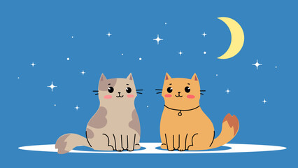 Vector illustration of happy enamored cat character together on night background with moon. Flat line art style romantic design of sitting cute animal cat
