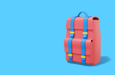 Travel luggage. Multicolored tourist city backpack on blue background with space for text. 3d rendering.