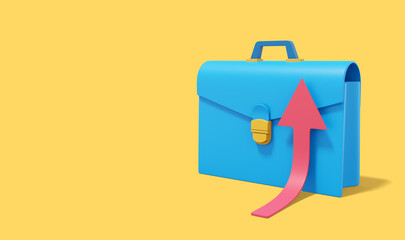 Blue briefcase with rising red arrow on yellow background. Portfolio icon banner with space for text. 3D rendering.