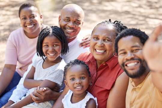 Black family, selfie and bonding in nature picnic, garden and backyard environment with men, women or children. Portrait, smile or happy kids with senior grandparents, mother and father in photograph