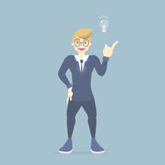 businessman in suit standing with light bulb lamp, having idea creative inspiration concept, flat vector illustration character cartoon design clip art