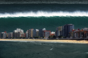 tsunami breaking on city coast with big waves - obrazy, fototapety, plakaty