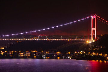 Istanbul Bosphorus Bridge in the Night Lights, Uskudar Istanbul, Turkey