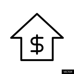Home with USD symbol, House rent, price or cost, Real estate vector icon in line style design for website, app, UI, isolated on white background. Editable stroke. Vector illustration.