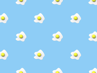 pattern. Image of chicken egg on pastel blue backgrounds. Egg with round yolk. Surface overlay pattern. Horizontal image. 3D image. 3D rendering.