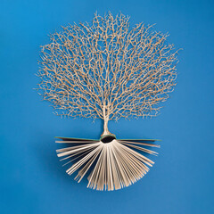 Golden tree growing from the old book, Education and knowledge concept. For book lovers. Flat lay.