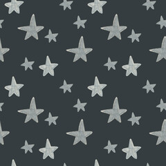 Hand drawn silver stars pattern on dark background. For fabric, sketchbook, wallpaper, wrapping paper.	