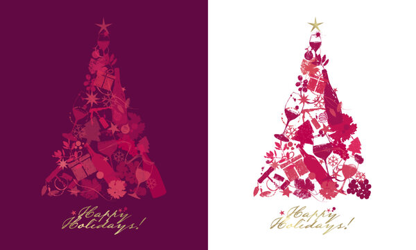 Christmas tree concept with elements of wine and Christmas holidays. Hand-drawn illustrations, with texture and reddish colors.