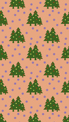pattern. Image of green Christmas trees with balls and snowflakes on pastel red orange backgrounds. Symbol of New Year and Christmas. Vertical image. 3D image. 3d rendering