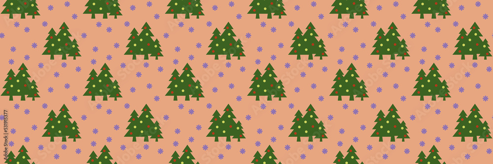 Wall mural pattern. image of green christmas trees with balls and snowflakes on pastel red orange backgrounds. 